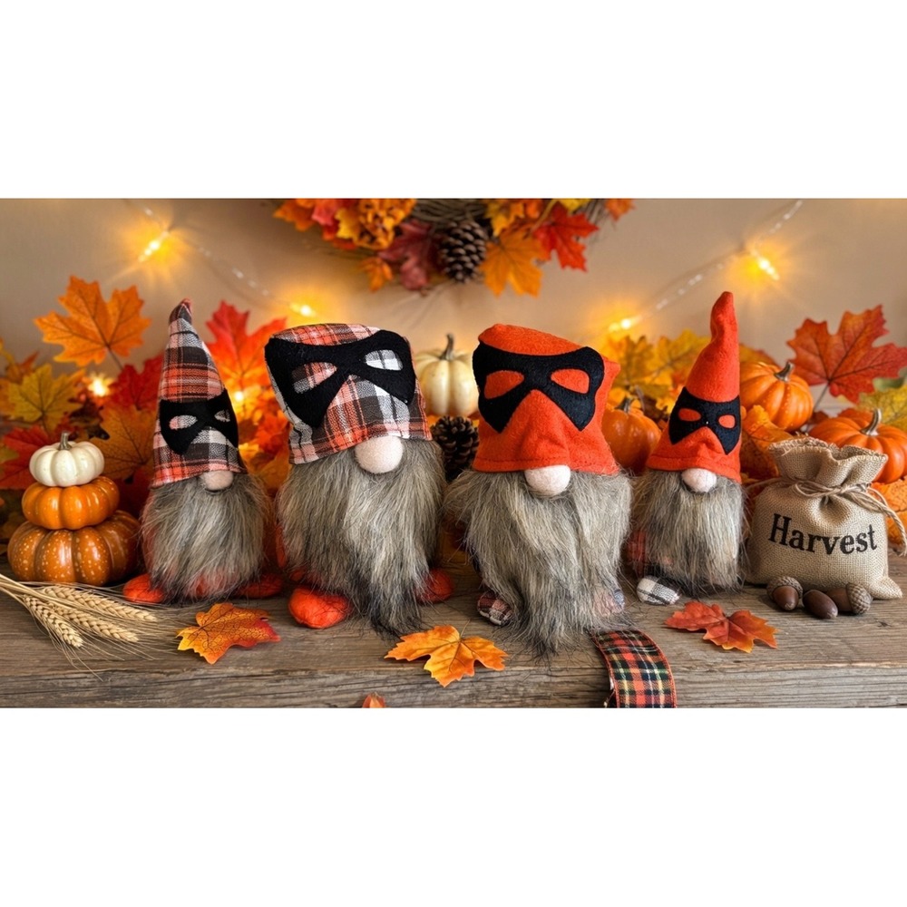 Autumn / Fall Gnomes, Set of 4, Orange Brown, Weighted Bottoms, 6.5-10" Tall